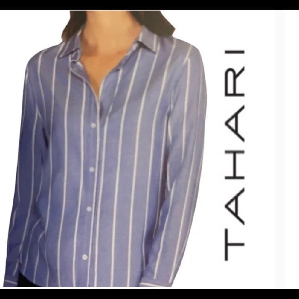 TAHARI blue white striped button down dress shirt Sz XL
